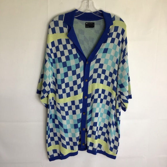 ASOS DESIGN MEN BLUE CHECKEREDBOARD KNITTED OVERSIZED BUTTON SHIRT SIZE M - Picture 1 of 8
